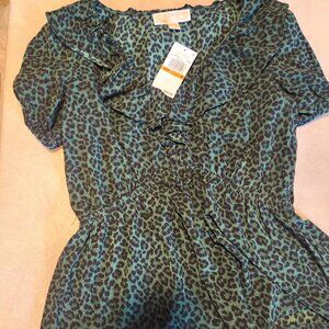 MICHAEL Michael Kors Womens Ruffled V Neck Peplum Top GREEN Cheetah Leopard